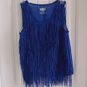 Blue sleeveless fringe top/mesh back